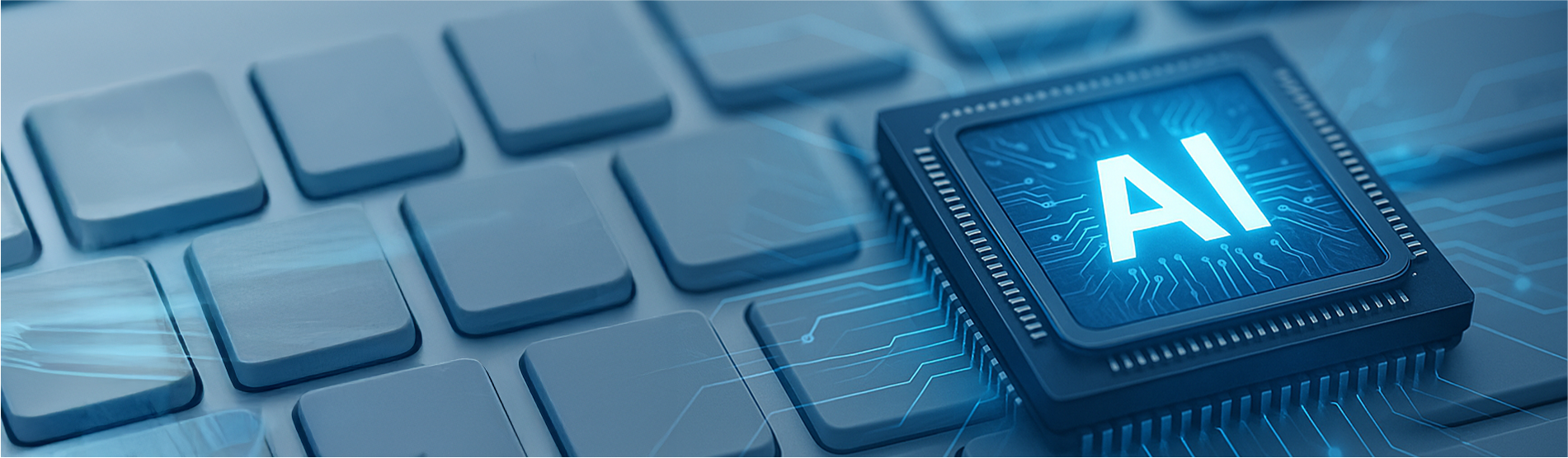 Blauer AI-Mikrochip auf Tastatur – Symbol für künstliche Intelligenz, Data Governance und moderne Technologien.
